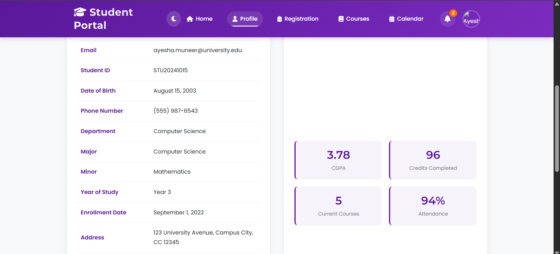 Student Profile Page